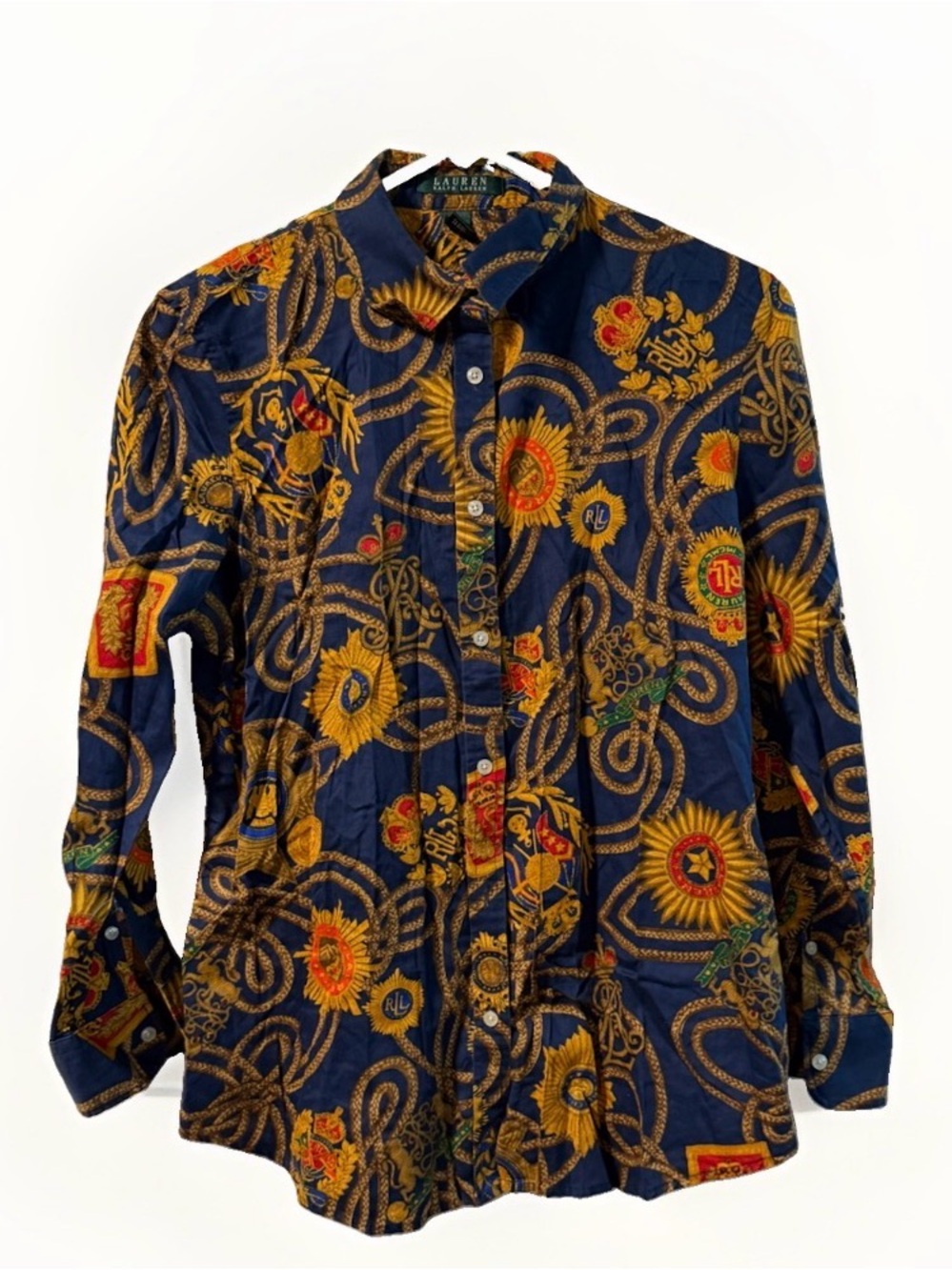 Ralph Lauren Navy Button-Down Shirt with Gold & Red Floral Rope Print
